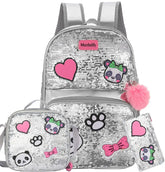 Kit Escolar com 3 Peças para Meninas - Mochila, Lancheira e Estojo - Design com Lantejoulas