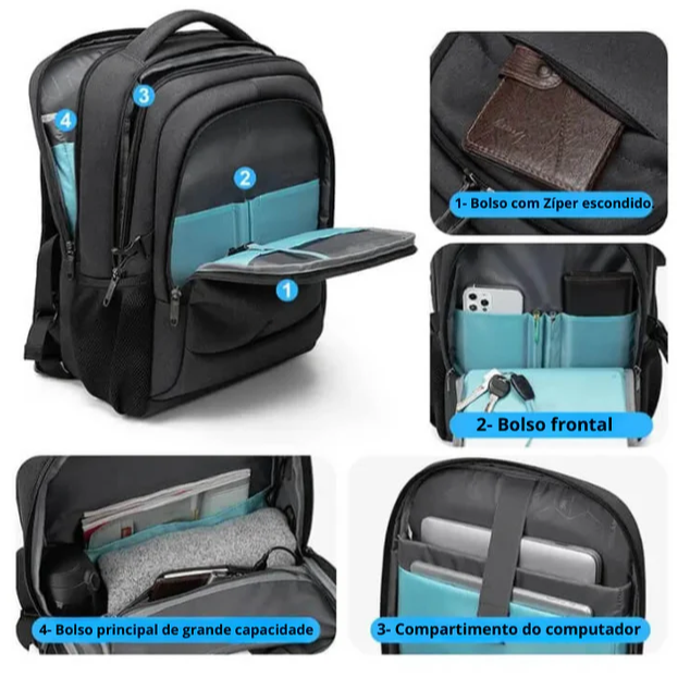 Mochila Executiva Unissex - Notebook 17'', Impermeável e Porta USB